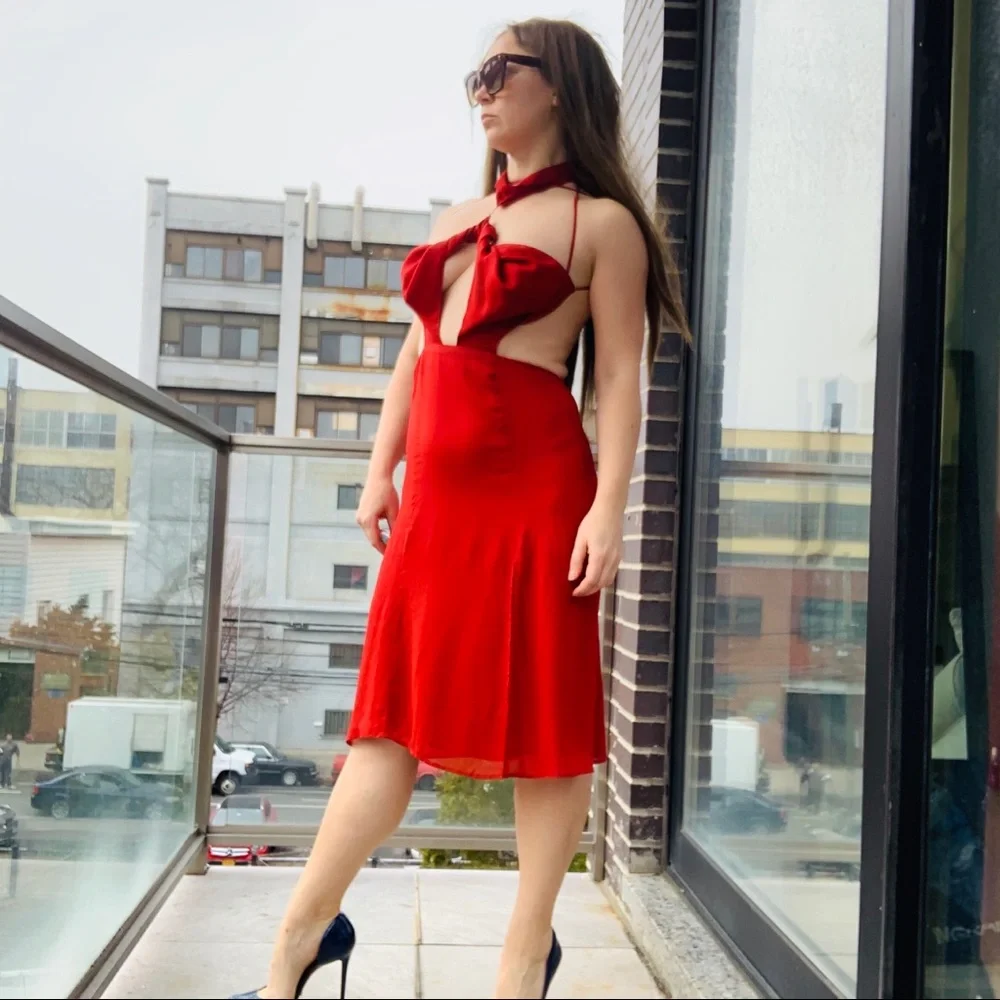 Reformation Neck Chocker Strappy Cherry MIDI Dress